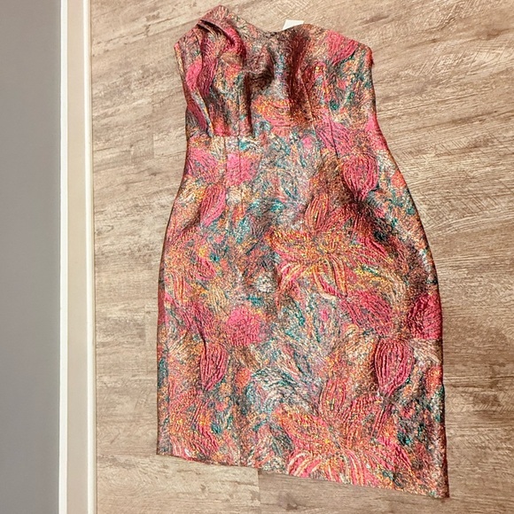 Maggy London One-Shoulder Pink and Purple Midi Brocade/Jaquard Dress - Picture 6 of 12